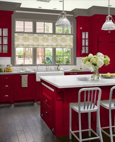 Red Cabinets Paired with White Countertops and Gray Walls. Red Kitchen Walls, Red Kitchen Cabinets, Red Cabinets, Painted Kitchen Cabinets Colors, Kitchen Wall Colors, Farmhouse Sink Kitchen, White Countertops, Red Kitchen, Painting Kitchen Cabinets