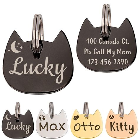 Personalized Name & Icon Design Funny Pet ID Tags - A well-designed small cat head and fish shaped name tags for your beloved cats, or other small size pets. Personalize it with your pet's name, contact information, and a cute icon design. The premium stainless steel charm is incredibly durable and long-lasting. Customized info is clear to read with the permanent laser engraving. Handmade with love. Proudly design, make, and ship from the USA. Cat Head Shape, Cat Name Tag, Dog Collar Tag, Custom Pet Tags, Dog Collar Tags, Rainbow Cat, Black Rainbow, Call My Mom, Id Tags