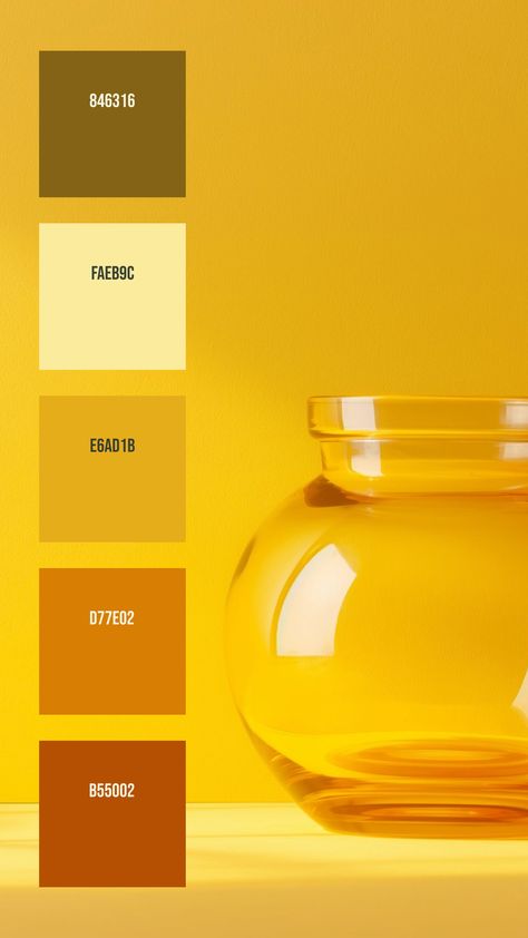 Colors:
846316
FAEB9C
E6AD1B
D77E02
B55002 Mustard Color Pallete, Tumeric Colour Palette, Yellow Color Palette Colour Schemes, Yellow Color Pallet, Yellow Colour Palette, Colour Pallettes, Amber Glass Vase, Yellow Color Combinations, Yellow Palette