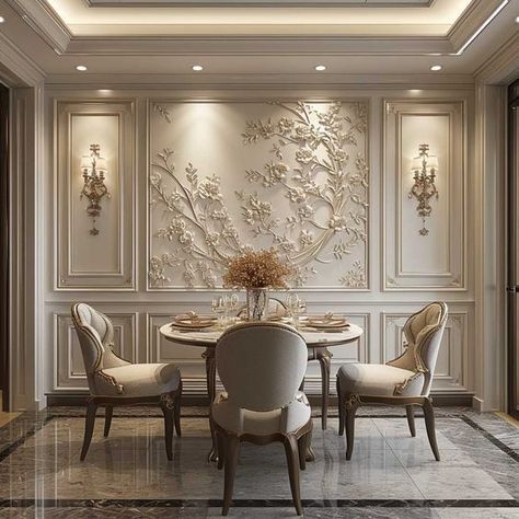 Classic Dining Room Wallpaper, Classic Wall Decoration, Classical Dining Room Design, Dining Wall Design Modern, Dining Room Interior Design Luxury, Pvc Panel Wall Design, Dining Wall Decor Ideas, New Classic Dining Room, Wall Moulding Designs