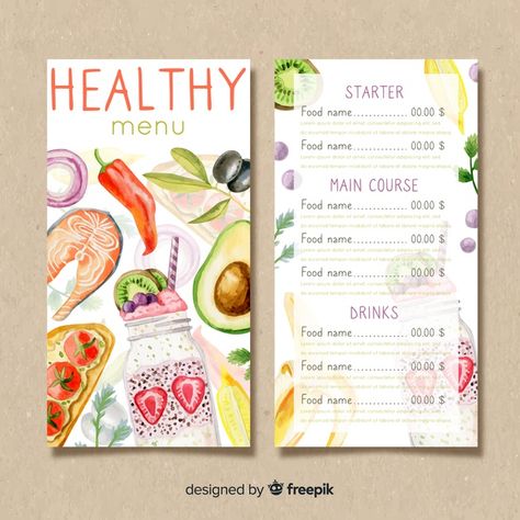 Watercolor healthy menu template Free Ve... | Free Vector #Freepik #freevector #watercolor #food #menu #template Healthy Menu Design, Healthy Food Menu Design, Healthy Food Pictures, Healthy Food Branding, Healthy Starters, Healthy Food Menu, Food Menu Template, Fast Food Menu, Menu Design Template