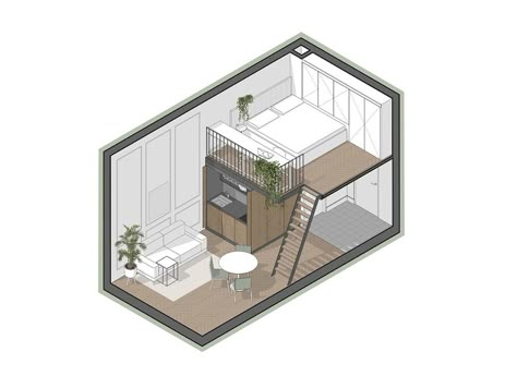 Container Apartment Design, 44 M2 Apartment, Tiny Interior Design, Small Loft Apartments, Loft Layout, Small Apartment Plans, Apartemen Studio, Small House Blueprints, Tiny Loft