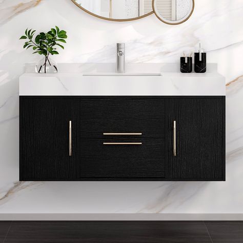 Roen 40'' Single Bathroom Vanity with Stone Top Small Kitchen Organization, Floating Bathroom Vanity, Gorgeous Bathroom, Bathroom Vanity Tops, Wall Mounted Vanity, Modern Bathroom Vanity, Stone Countertops, Stone Top, Bathroom Vanity Mirror