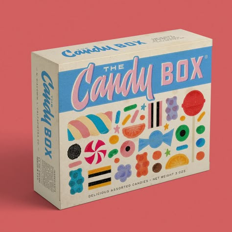 Candy Box Packaging Design, Graphic Design Box Packaging, Retro Product Packaging, Retro Box Design, Retro Candy Packaging, Graphic Packaging Design, Sweets Graphic Design, Retro Design Packaging, Good Packaging Design