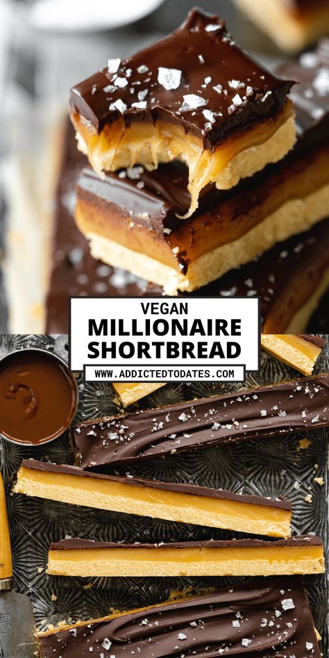 Vegan Millionaires Shortbread (GF) - Addicted to Dates Vegan Caramel Slice, Millionaires Shortbread, Vegan Shortbread, Caramel Dessert Recipes, Gluten Free Dairy Free Dessert, Chewy Caramel, Millionaire Shortbread, Shortbread Bars, Vegan Caramel