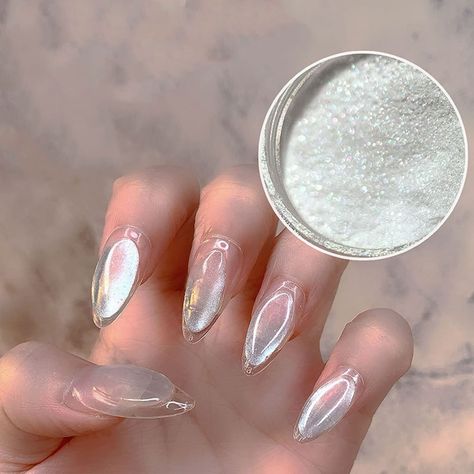 Nail Art Blanc, Mirror Nails Powder, Holographic Nail Powder, White Chrome Nails, Chameleon Nails, Pearl Nail Art, Nail Glitter Powder, Aurora Nails, Chrome Nails Designs