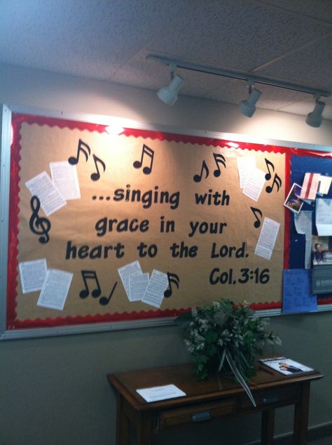 Church Bulletin Board Ideas | Bulletin board I did at my church "Singing With Grace in Your Heart to ... Choir Bulletin Boards, Unique Bulletin Board Ideas, Religious Bulletin Boards, Bible Bulletin Boards, Music Bulletin Board, Choir Room, Music Bulletin Boards, Class Bulletin Boards, Christian Bulletin Boards