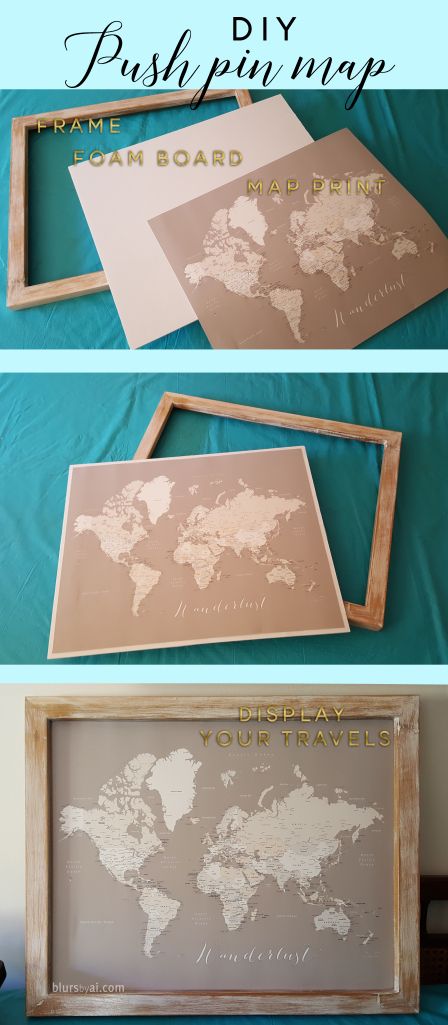 Diy push pin map = frame + foamboard + map print – blursbyai Diy Push Pins, Map Frame, Souvenir Display, Travel Gallery Wall, Travel Map Pins, Detailed World Map, Map Crafts, Push Pin Map, How To Age Paper