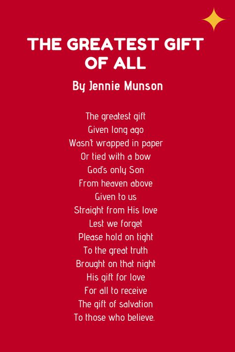 Short Christmas Poems For Kids Children, Jesus Is The Gift Poem, Advent Poem For Kids, Christmas Poems About Jesus, Christmas Prayers For Kids, The Greatest Gift Of All Jesus, Christmas Eve Poem, Christmas Speeches For Children, Christian Christmas Stories