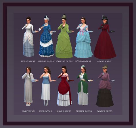 An early 1870s upper-class lookbook featuring more than one piece of my own CC because I have a healthy ego. Thanks to all 500 of you for sticking around and giving me validation! CC links under the… Sims 4 1870s Cc, Healthy Ego, Sims 4 Decades Challenge, Walking Dress, Riding Habit, 500 Followers, Gilded Age, Sims 4 Clothing, Sims Mods