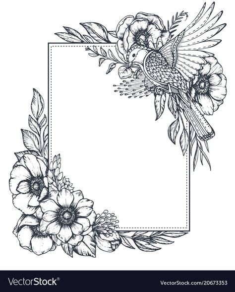 Flower Frame Black And White, Flower Frame Drawing, Frame Drawing Ideas, Parchment Paper Craft, Anemone Flowers, Front Page Design, Black And White Birds, Simple Tattoo Designs, Flower Art Drawing