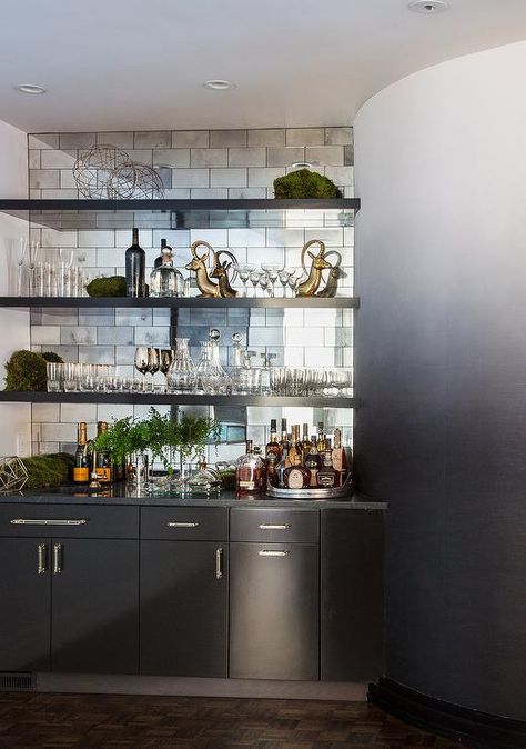 Mirrored Subway Tile Backsplash, Kitchen Decorations Ideas, Antique Mirror Backsplash, Rachel Halvorson, Wet Bar Cabinets, Mirrored Subway Tile, Wet Bar Designs, Kitchen Wet Bar, Black Floating Shelves