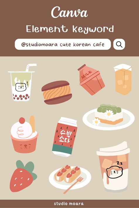 Canva Food Elements Keyword, Cute Korean Cafe, Canva Sticker Keyword, Cafe Stickers, Canva Stickers, Recipe Book Covers, Korean Cafe, Pixel Font, Keyword Elements Canva