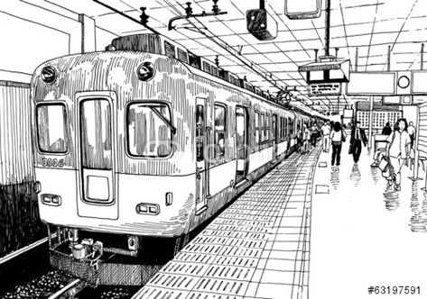 Es un bueno dijuar con un tren.  No me gusta la parada del metro porque causa mucho estrès. Train Drawing, Perspective Sketch, Perspective Drawing Architecture, Perspective Drawing Lessons, City Drawing, Point Perspective, Urban Sketch, Perspective Art, Background Drawing