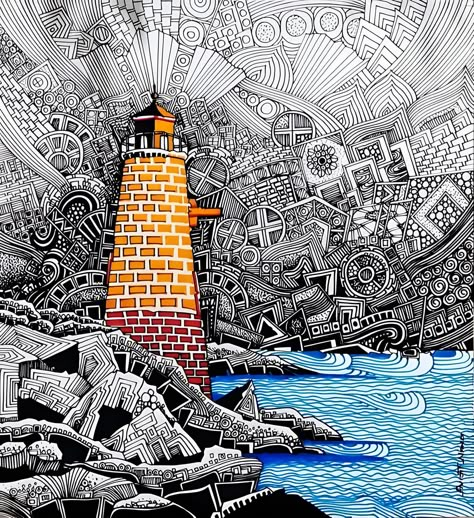 Lighthouses Drawing, Doodling Drawings, Zantangle Art, Zen Doodle Patterns, Zentangle Artwork, Mandala Art Therapy, Zen Doodle Art, Art Basics, Pop Art Wallpaper