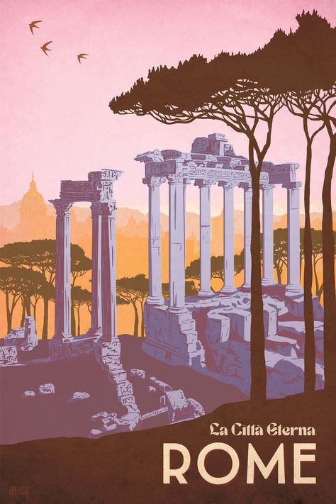 Rome, Italy vintage style travel poster. Print features the beautiful remains of the Roman Forum in the center of the city. By Artist Missy Ames. Rome Illustration Art, Rome Poster, Greece Poster Vintage, Rome Italy Aesthetic, Rome Poster Vintage, Rome Travel Poster, Vintage Travel Posters Greece, Europe Day, Rome Print