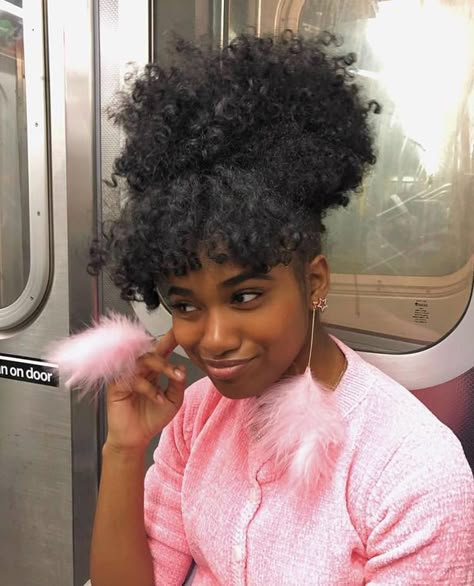 Afro Bun With Bangs, Curly Puff And Bangs, 2 Bangs With Ponytail Natural Hair, Afro Puffs With Bangs, Curly Puff With Bangs, Bangs With Natural Hair, Afro Puff With Bangs, Bangs Natural Hair Black Girls, Curly Bangs Natural Hair