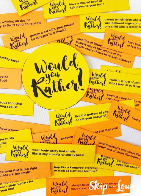 Free to print at home Would You Rather game questions. Fun for kids and adults. #printable #gamenight #wouldyourather Ice Breaker Games For Kids, Would You Rather Game, Rather Questions, Family Friendly Games, Get To Know You Activities, Would You Rather Questions, Therapy Games, Ice Breaker Games, Ice Breaker