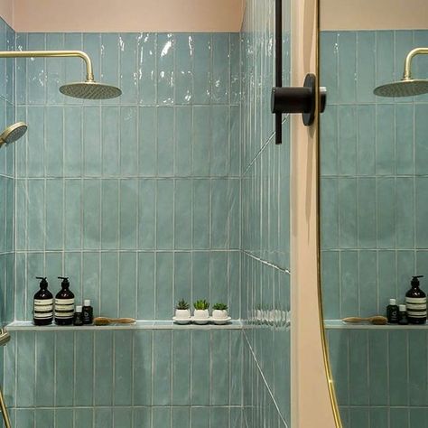 Ca’ Pietra on Instagram: "Why are green tiles a great choice for a bathroom? Muted, yet not dull, mint green tiles evoke spa-like relaxation and have a real earthy-feel. Helping us to feel grounded during our morning wake up and evening wind down. Featuring Carter Ceramic in shade Mint 💚 Project design and photography by @simplybathroomsltd • • #moodboard #moodboards #moodboardmonday #project #interiordesign #interiordesigner #wetroom #wetroomshower #ensuite #ensuitebathroom #ensuitedesign #ensuiteinspo #tiles #terrazzo #green #mintgreen" Black And Mint Bathroom, Mint Green Tile Bathroom, Mint Green Shower Tile, Mint Green Tiles In Bathroom, Mint Green Bathroom, Ensuite Green Tiles, Mint Subway Tiles Bathroom Topps Tiles, Mint Tile Bathroom Vintage, Mint Green Bathrooms