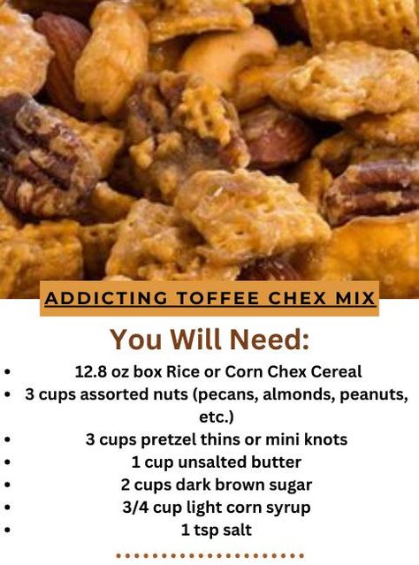 Gourmet galores - Addicting Toffee Chex Mix Recipe... Crock Pot Snack Mix Recipes, Chex Cereal Recipes, Chex Mix Ingredients, Toffee Pretzels, Crockpot Snacks, Chex Party Mix Recipe, Chex Mix Recipes Sweet, Homemade Chex Mix Recipe, Chex Mix Christmas