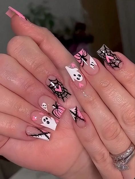 #aesthetic #pink #nails #halloween #nailart #nailsofinstagram #naildesign #nailinstagram #nailidea Halloween Nail Designs Medium Length, Medium Length Halloween Nails, Heart Spider Web, Heart Spider, Horror Nails, Halloween Acrylic Nails, Punk Nails, Gel Mani, Girly Acrylic Nails