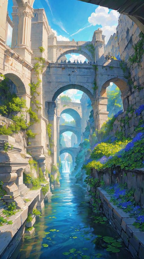 Fantasy Coast Art, Fantasy Waterfall City, City Inside Mountain Concept Art, Fantasy River City, Fantasy Port City, Fantasy Landscape Concept Art, Fantasy City Art, Concept Art Environment, Water City