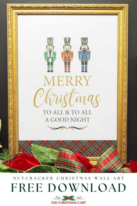 Spread holiday cheer with our free printable wall art featuring enchanting nutcracker designs and the classic phrase 'Merry Christmas to All and to All a Good Night.' Perfect for adding a touch of whimsy to your seasonal decor. Download our print now and adorn your home with the spirit of the Nutcracker Christmas! Check out our inspiration gallery for more inspiration on what to pair this print with and how to decorate with nutcracker Christmas decorations. Free Nutcracker Printable, Nutcracker Printables Free, Nutcracker Quotes, Printable Nutcracker, The Nutcracker Christmas, Nutcracker Design, Nutcracker Christmas Decorations, Christmas Download, Free Printable Wall Art