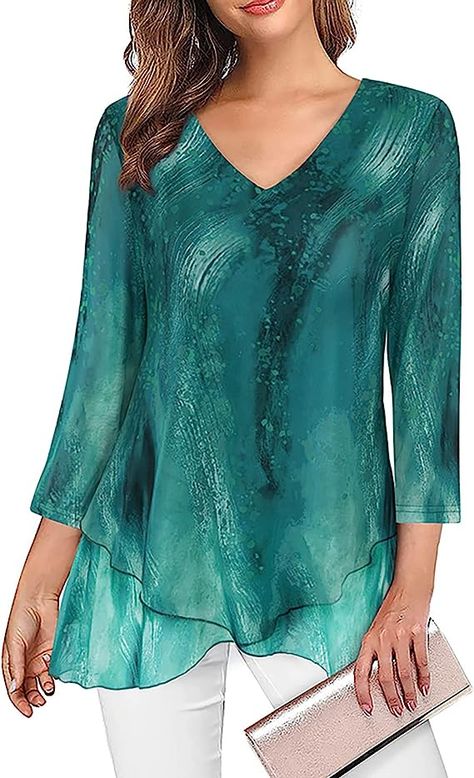 SeSe Code Summer Tops for Women 2023, 3/4 Sleeve Shirt V Neck Dressy Formal Top Elegant Evening Chiffon Slimming Blouse Stretchy Asymmetrical Hem Green Large at Amazon Women’s Clothing store Dressy Tunic Tops, Graphic Floral, Mesh Tops, Dressy Blouse, Hem Blouse, Women's Blouses, Graduation Outfit, Women Long Sleeve Tops, Basic Long Sleeve