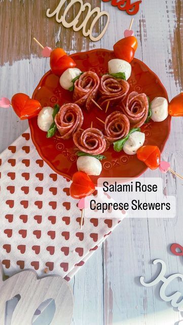 Valentines Tomato Mozzarella, Heart Shaped Caprese Skewers, Heart Caprese Skewers, Salami Rose And Mozzarella Skewers, Salami Rose Caprese Skewers, Valentines Skewers, Tomato Hearts Shape, Salami Hearts, Caprese Skewers With Salami