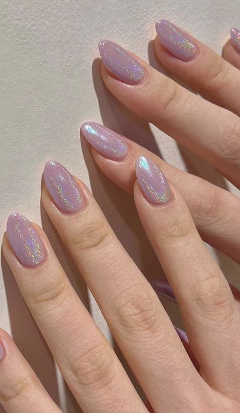 Gel Shimmer Nails, Light Purple Shimmer Nails, Subtle Purple Nails, Purple Glazed Nails, Light Purple Jelly Nails, Purple Design Nails, Purple Iridescent Nails, Speak Now Nails, Lilac Chrome Nails