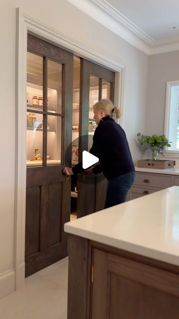 Humphrey Munson on Instagram: "Walk in pantry with double pocket doors at the North Salem project #humphreymunson | 🎥 @paullmcraig" Walk In Pantry With Sliding Door, Double Pocket Doors Pantry, French Pocket Doors Interior, Double Door Pantry Ideas, Pantry Doors Ideas Kitchen, Walk In Pantry With Fridge, Pocket Doors Ideas, Pantry Design Walk In, Humphrey Munson Kitchen