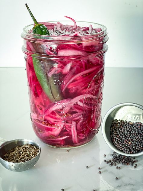 How to Make Quick Indian Pickled Onions - My Savory Adventures Chicken Substitute, Dried Red Chili Peppers, Avocado Toasts, Quick Pickled Onions, Serrano Pepper, Cumin Seeds, Red Chili Peppers, Bbq Meat, Mustard Seeds