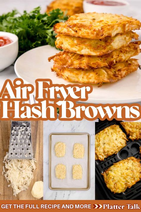 Air fryer hash browns are about to change your breakfast game forever! Imagine crispy, golden hash browns cooked to perfection without all the oil and mess of traditional frying. And, air fryer hash browns are generally considered healthier because they require less oil for cooking. | how to make hashbrowns from potatoes in air fryer | homemade hashbrowns easy | air fryer hashbrowns from scratch | air fryer hashbrown recioes | air fryer breakfast recipes | how to make hashbrowns Frozen Hash Brown Patties, Frozen Prepared Meals, Hash Brown Patties, Homemade Hashbrowns, Air Fryer Recipes Breakfast, Simply Potatoes, Air Fryer Recipes Snacks, Crispy Hashbrowns, Breakfast Platter