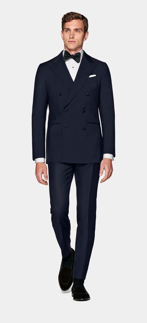 This navy double-breasted Havana tuxedo is tailored to a slim fit with a pleated shoulder, peak lapel, and jetted pockets. Mohair Suit, Black Tuxedo Suit, Mens Suit Style, Double Breasted Tuxedo, Classy Suits, Custom Made Suits, Mens Suit Jacket, Slim Fit Jackets, Mens Winter Coat