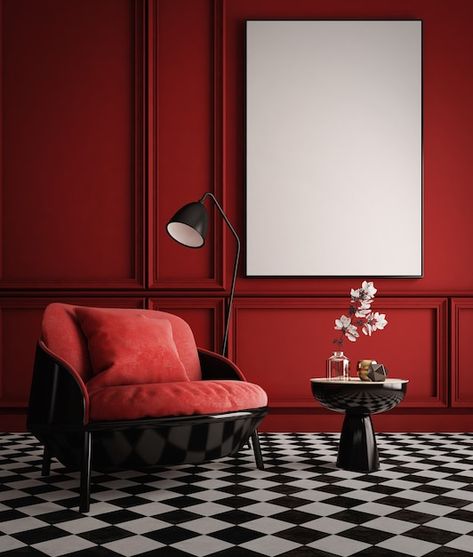 Modern classic style interior with red w... | Premium Photo #Freepik #photo #classic-furniture #armchair #furniture #home-furniture Black Modern Interior, Mediterranean Style Interior, Living Room Mediterranean, Red Interior Design, Empty Rooms Interior, Red Hotel, Boho Style Interior, Classic Style Interior, Photo Classic