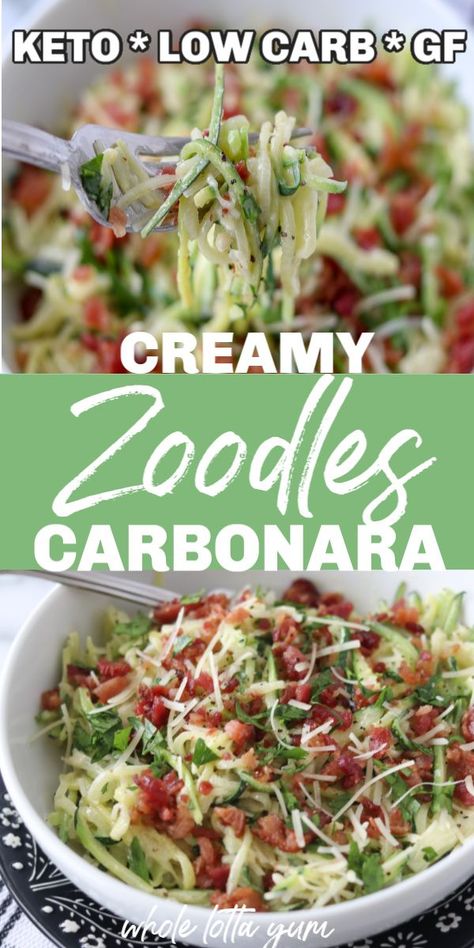 Making keto pasta carbonara with zucchini noodles is a quick 20 minute meal. With cream, cheese, and bacon, you'll love this easy low carb zoodle recipe for dinner. Classic Carbonara Recipe, Zoodle Recipe, Diet Salad, Keto Pasta, Zucchini Noodle, Recipe For Dinner, Zoodle Recipes, Boiled Egg Diet Plan, Carbonara Recipe