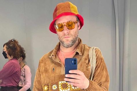 Seth Rogen's Menswear Love Affair Ain't Just Platonic Platonic Seth Rogen, House Plant Seth Rogan, Seth Rogen Ashtray, Seth Rogan Ashtray, Popped Collar, Seth Rogen, Colorful Jacket, Aime Leon Dore, Relaxed Trousers