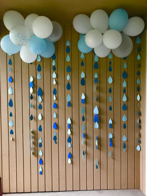 Raindrop Birthday Party, Rain Cloud Decoration, Storm Party Decorations, April Showers Photoshoot Ideas, April Showers Baby Shower Theme Boy, Rain Birthday Party Theme, Rain Shower Baby Shower Theme, Rain Themed Party, April Boy Baby Shower Ideas