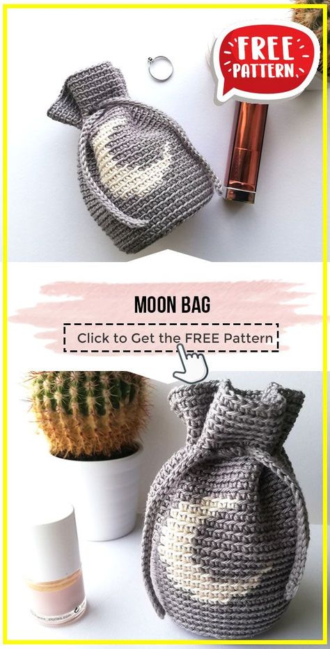 crochet Moon Bag free pattern - FREE Crochet Bag Pattern for Beginners. Click to Get the Pattern #Bag #crochetpattern #crochet via @shareapattern.com Alter Cloth Crochet Pattern, Popular Amigurumi Patterns, Fall Market Crochet Ideas, Crochet Cute Bag Pattern Free, Wiccan Crochet Patterns Free, Amigurumi Bag Free Pattern, Small Bag Crochet Pattern, Sew A Bag Free Pattern, Moon Crochet Square