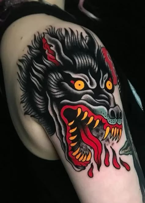 Traditional Wolf Head Tattoo Flash, American Traditional Wolf Tattoo Design, Cerberus Arm Tattoo, American Traditional Reaper Tattoo, Trad Wolf Tattoo, American Traditional Horror, Jackal Tattoo, Neo Traditional Skull Tattoo, Shoulder Tattoo Traditional