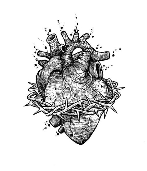 Real Heart Tattoos, Anatomical Heart Art, Biblical Tattoos, Bible Tattoos, Christian Drawings, Line Tattoo Ideas, Wrist Tattoo Designs, Sacred Heart Tattoos, Anatomical Heart Tattoo