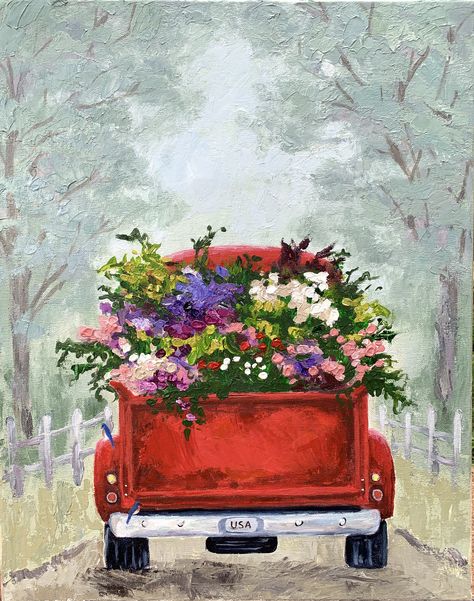 Vintage Red Truck loaded with flowers.  16 x 20 acrylic on canvas. For Sale..... Car With Flowers Painting, Flowers In Back Of Truck, Vintage Trucks With Flowers, Vintage Painting Acrylic, Red Truck Watercolor, Flower Truck Painting, Truck With Flowers Painting, Spring Flower Painting On Canvas, Spring Truck Painting