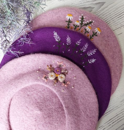 Beret Embroidery, Embroidery Beret, Lilac Embroidery, Unique Beanies, Embroidered Accessories, French Hat, Diy Crochet Bag, Wool Beret, Embroidery Tshirt