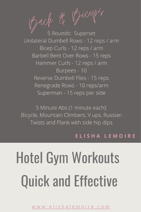 Still want to get a workout in while on vacation. Here are my go to Hotel Gym based workouts. Simple, quick and effective so you can justify the beer, prosecco, wine, ice cream and food later! Stay fit! #fittravel #healthytravel #explorewithelisha #fitoverforty #fitness #hotelworkouts Dumbell Fly, 5 Minute Abs, Hotel Gym, Tricep Dips, Vacation Hotel, Healthy Travel, Bicep Curls, Workout Plan Gym, Stay Fit