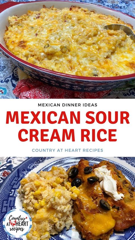 This Mexican Sour Cream Rice is perfect when you want a little comfort food on the table. Creamy rice with sour cream, corn, cheese, and more cheese! How could it not provide comfort! #mexicansourcreamrice #sidedishes #mexicancuisine #rice #sourcream #cheese #comfortfood #countryatheartrecipes https://countryatheartrecipes.com/2020/09/mexican-sour-cream-rice/ Side Dishes Mexican, Sour Cream Rice, Sour Cream Corn, Mexican Sour Cream, Creamed Rice, Cream Corn, Cheese Rice, Corn Cheese, Food On The Table