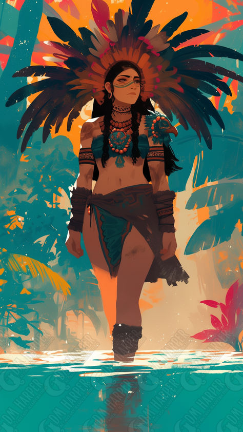 Aztec Eagle Knight bathing - Lago de Texcoco Aztec Woman Warrior, Aztec Fashion Historical, Maya Goddess, Ancient Aztec Clothing, Dnd Aztec, Aztec Aesthetic Outfit, Incan Culture, Aztec Warrior Character Design, Aztec Outfit Women