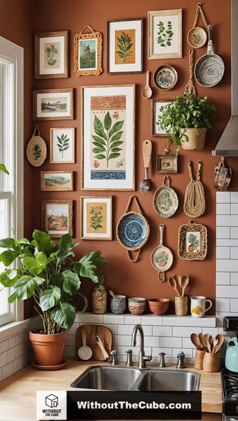 An eclectic gallery wall transforms your kitchen into a vibrant tapestry of art and personality. By combining framed prints, colorful ceramics, and family photos, you can create a unique space that reflects your journey. Discover how layering textures and styles can enhance your kitchen's inviting atmosphere and tell your story. #HomeDecor #KitchenDesign #BohemianKitchen #BohoStyle #EclecticDecor #WallArtIdeas Fun Kitchen Wall Colors, Colorful Kitchen Ideas Bright Bohemian, Photos For Kitchen Wall, Kitchen Wall Art Prints, Bohemian Apartment Kitchen, Using Frames For Wall Decor, Eclectic Kitchen Wall Decor, Kitchen Aesthetic Colorful, Art Wall Eclectic