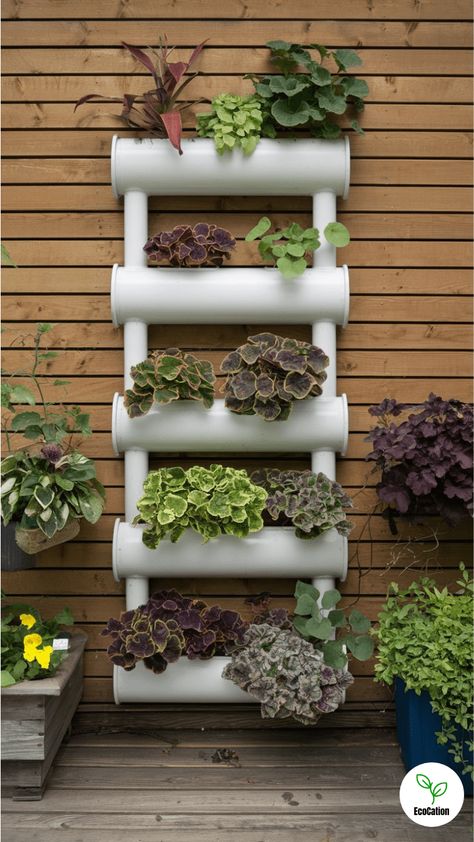 25 Creative Vertical Planter Ideas (Updated 2024) - EcoCation Vertical Planter Ideas, Vertical Planter Diy, Pvc Pipe Garden Ideas, Pallet Garden Walls, Simple Diy Projects, Planter Diy, Vertical Planter, Vertical Garden Diy, Pvc Pipes