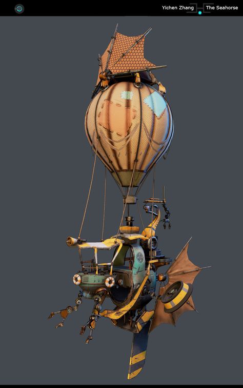 ArtStation - The Seahorse, Yichen Zhang Airship Concept Art, Dieselpunk Airship Art, Steampunk Airship Pirate, Steampunk Air Balloon, Steampunk Hot Air Balloon Art, Steampunk Blimp Concept Art, Steampunk Games, Steampunk Ship, Diy Hot Air Balloons