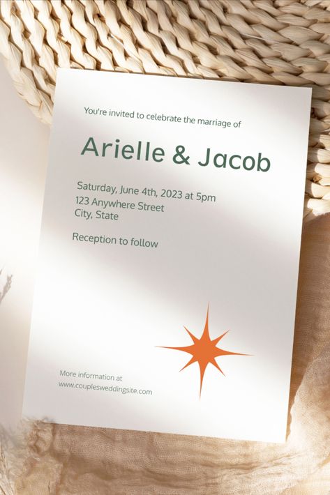 Card lays on top of a woven basket and beige linen resting on top of a cream table. The card reads "You're invited to celebrate the marriage of Arielle & Jacob" followed by the date and wedding venue. Below that in the middle of the card reads "reception to follow". The bottom reads "more information at www.couplesweddingdate.com". There is an orange star in the lower right corner. THe back has a large orange star in the center, a yellow star in the lower left, and pink star on upper right. Star Themed Wedding Invitations, Mid Century Wedding, Mid Century Modern Wedding, Green Font, Minimalist Mid Century, Minimalist Mid Century Modern, Modern Wedding Invitation, Simple Aesthetic, Pink Star